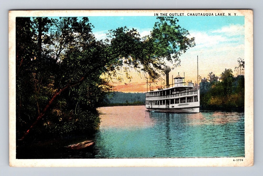 Chautauqua Lake NY-New York, Riverboat in the Outlet, Antique Vintage Postcard