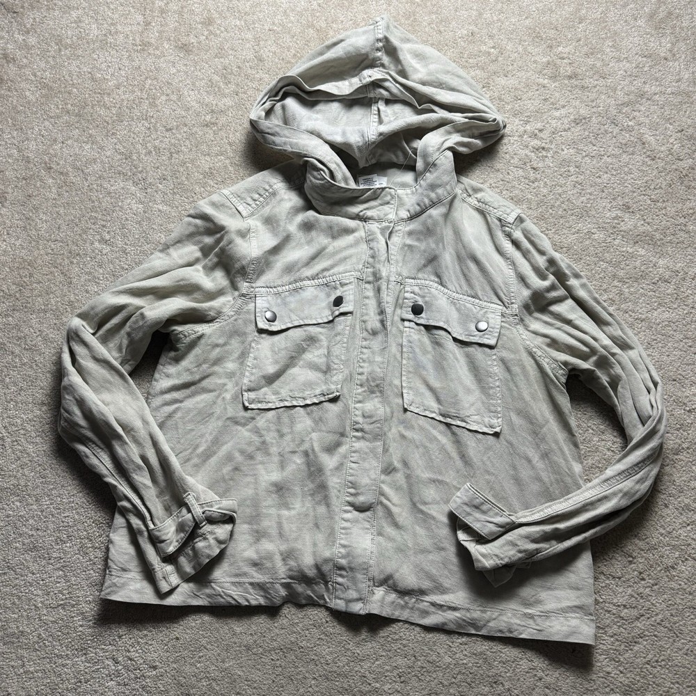 Nicole Miller Cropped Beige Linen Blend Hooded Jacket Womens Medium