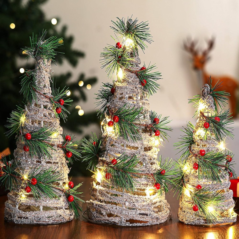 3 Piece Lighted Christmas Rattan Cone Trees Pine Needle Multicolor