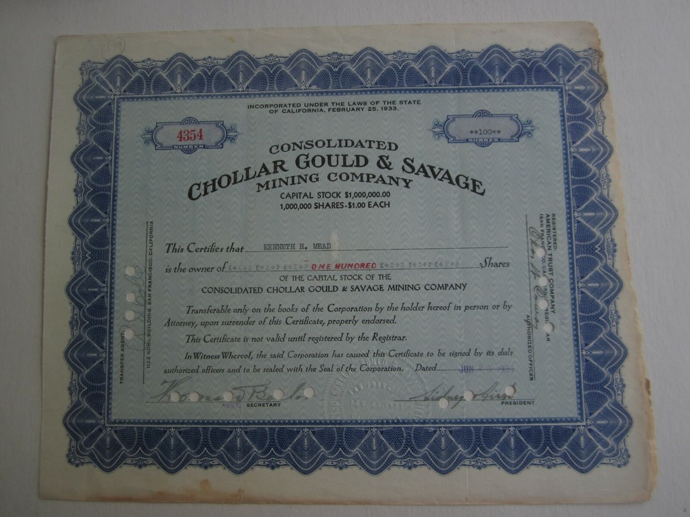 Old 1934 - CHOLLAR GOULD & SAVAGE MINING Co. - Stock Certificate - CA.