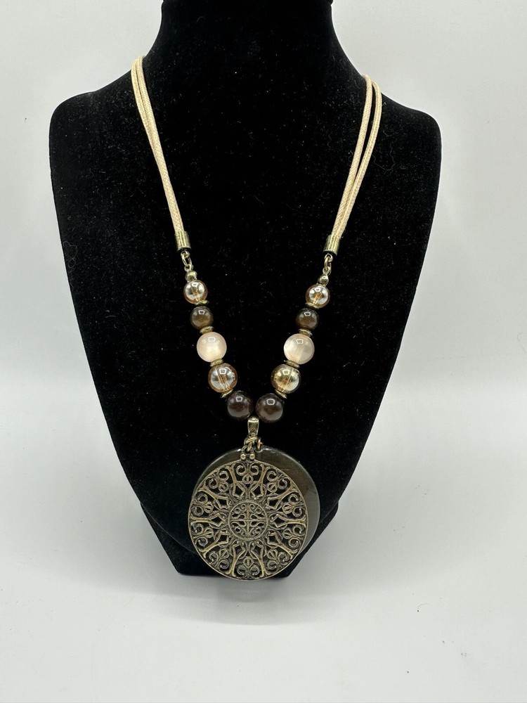 Brown Cats Eye Glass Beaded Corded Pendant Necklace