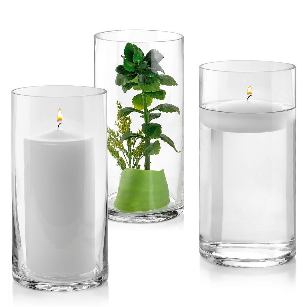Set of 3 Glass Cylinder Vases 8 Inch Tall - Multi-use: Pillar Candle, Floatin...
