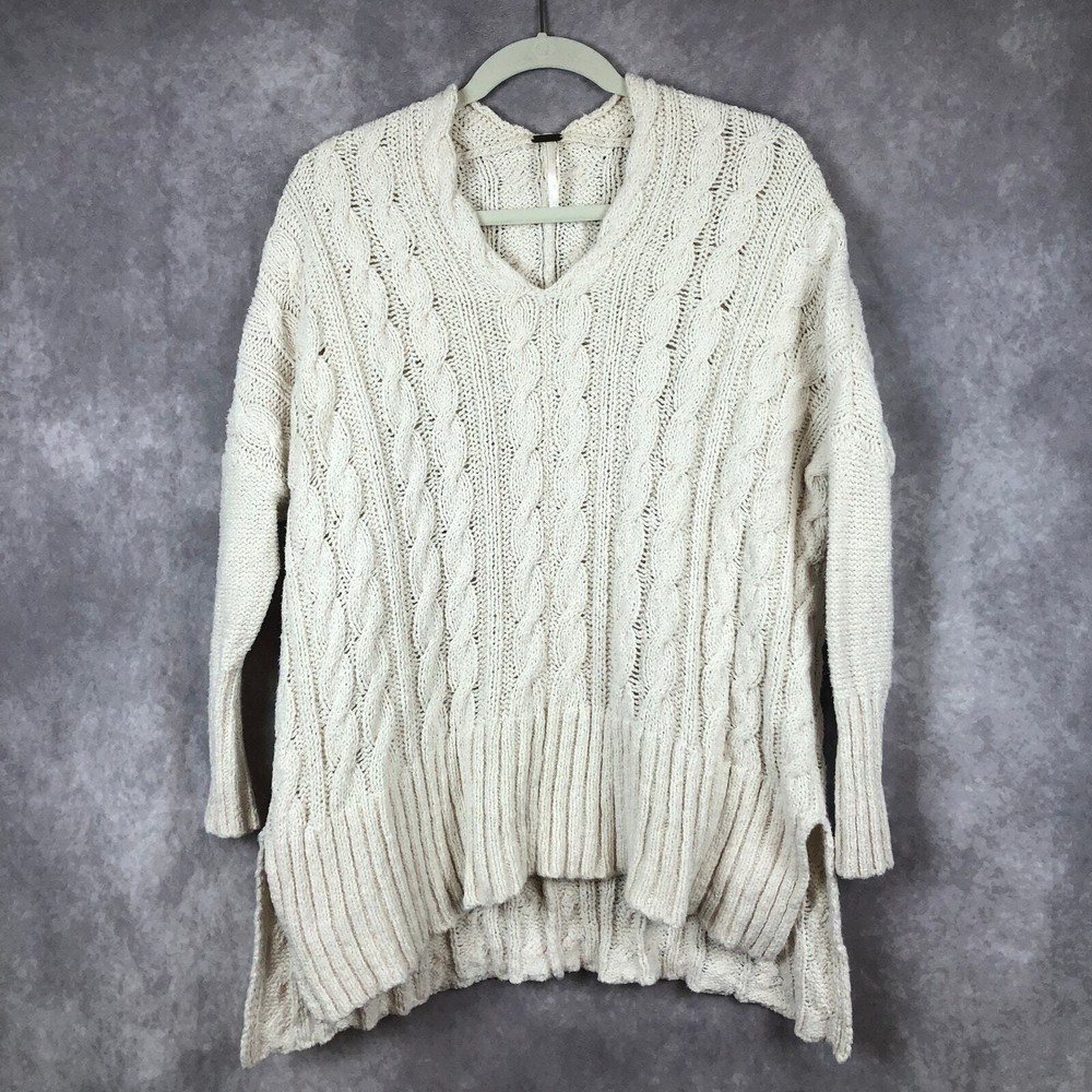 Free People Sweater Womens XS Cream Ivory Cable Knit Tunic V Neck Cotton Beachy