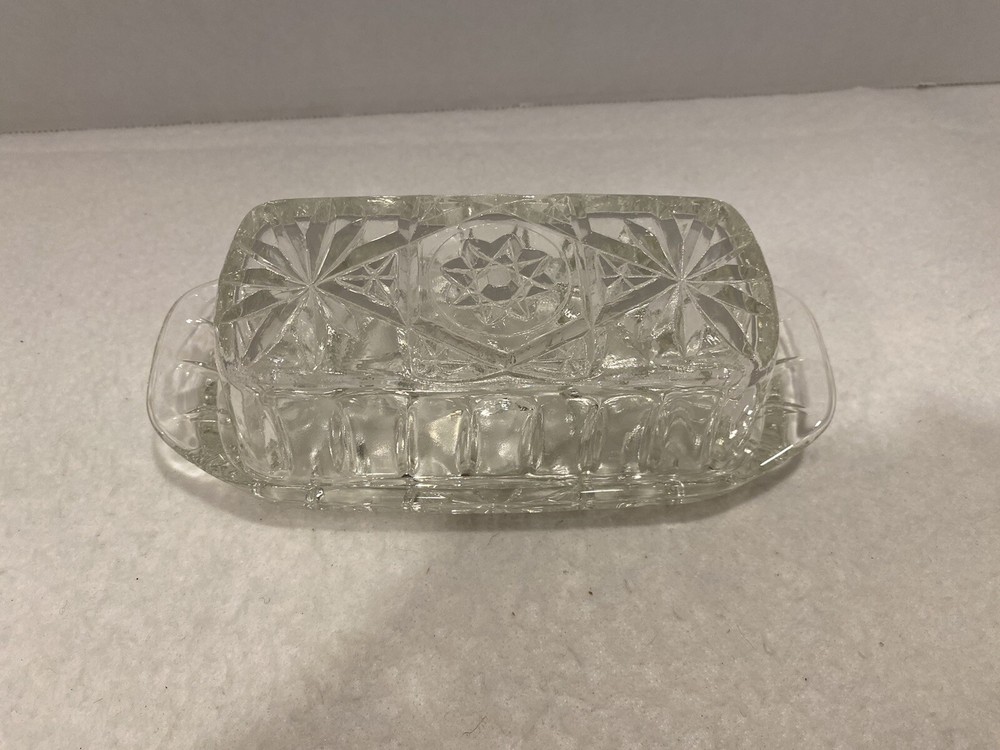 Vintage Anchor Hocking Star of David Cut Crystal Glass Butter Dish with Lid Excellent Condition