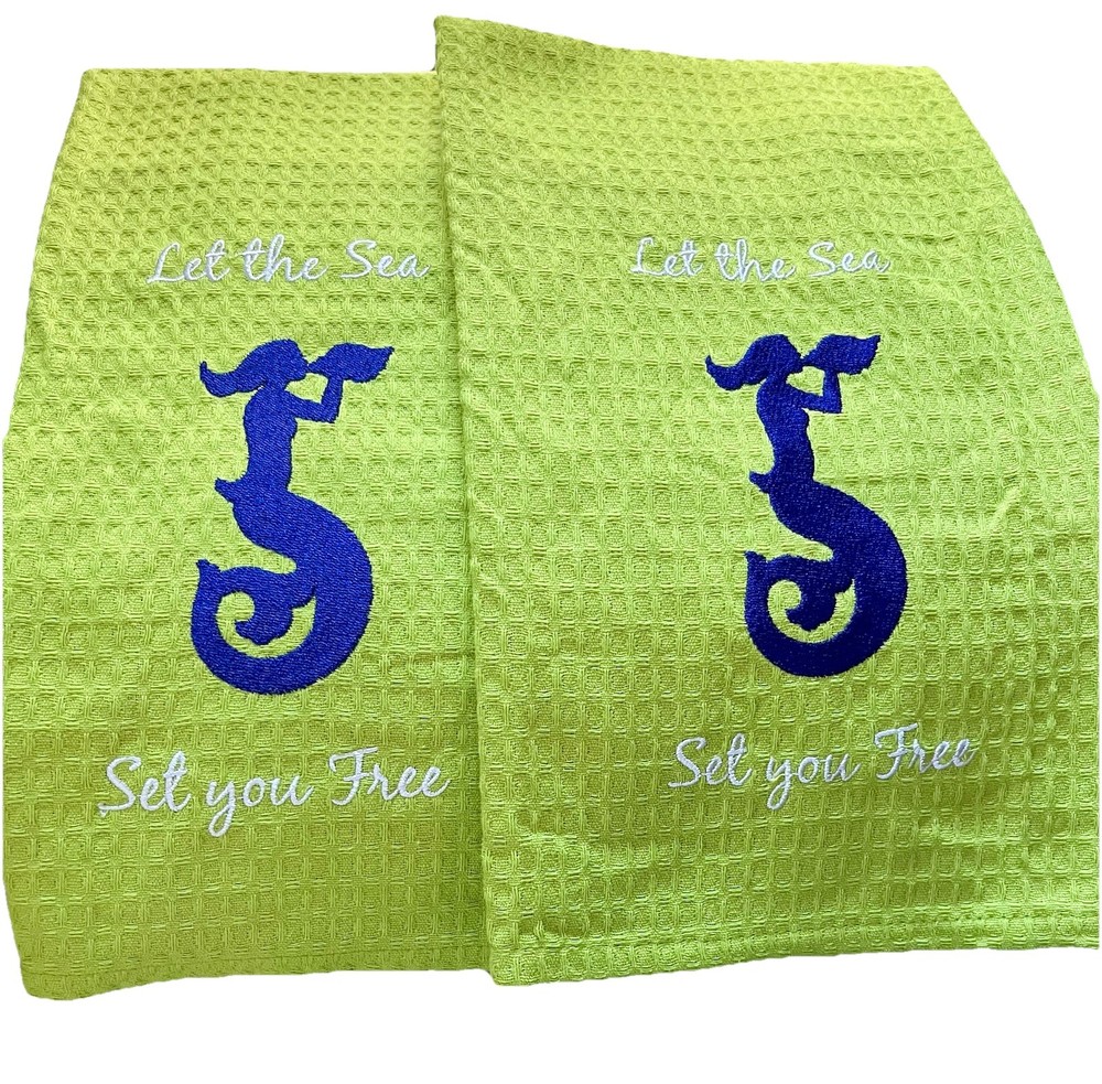 Mermaid Dish Towels Embroidered 100% cotton  Kay Dee “ Let The Sea Set You Free”