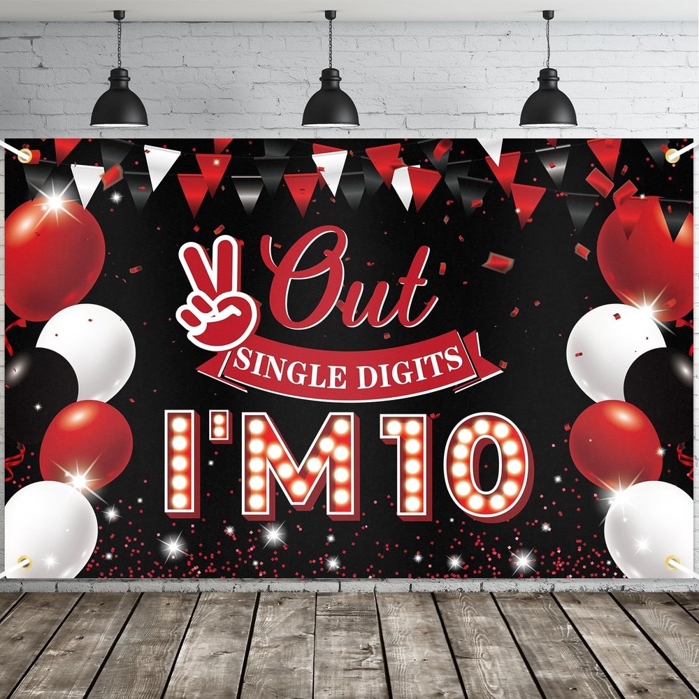 JOYKY Red Black Happy 10th Birthday Banner I'm 10 Years Old