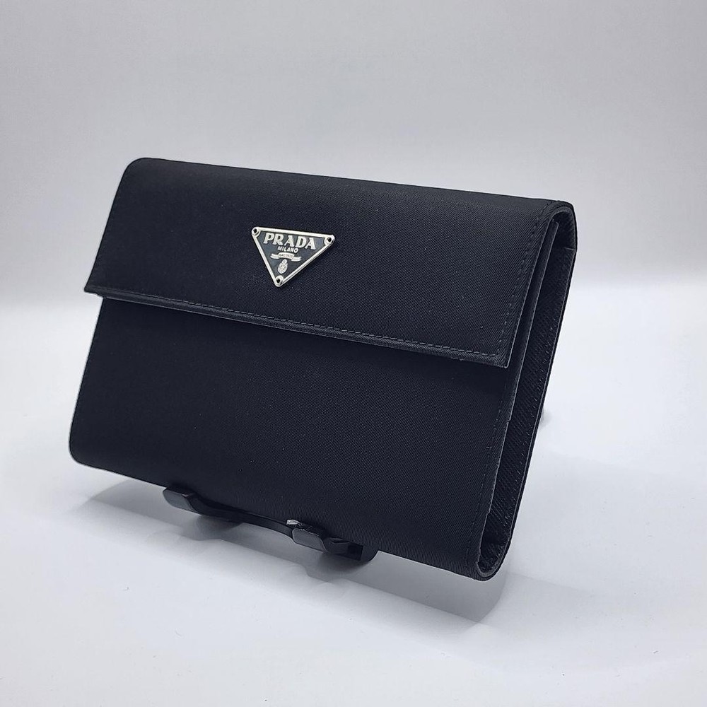 Prada Black Nylon Long Wallet with Triangle Logo and Card Slots
