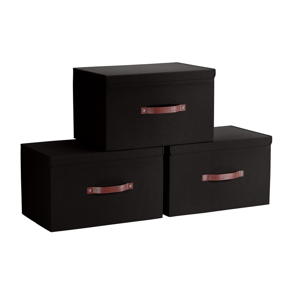 3 Pack Collapsible Storage Bins with Lid, Foldable Linen Fabric Shelf Storage...