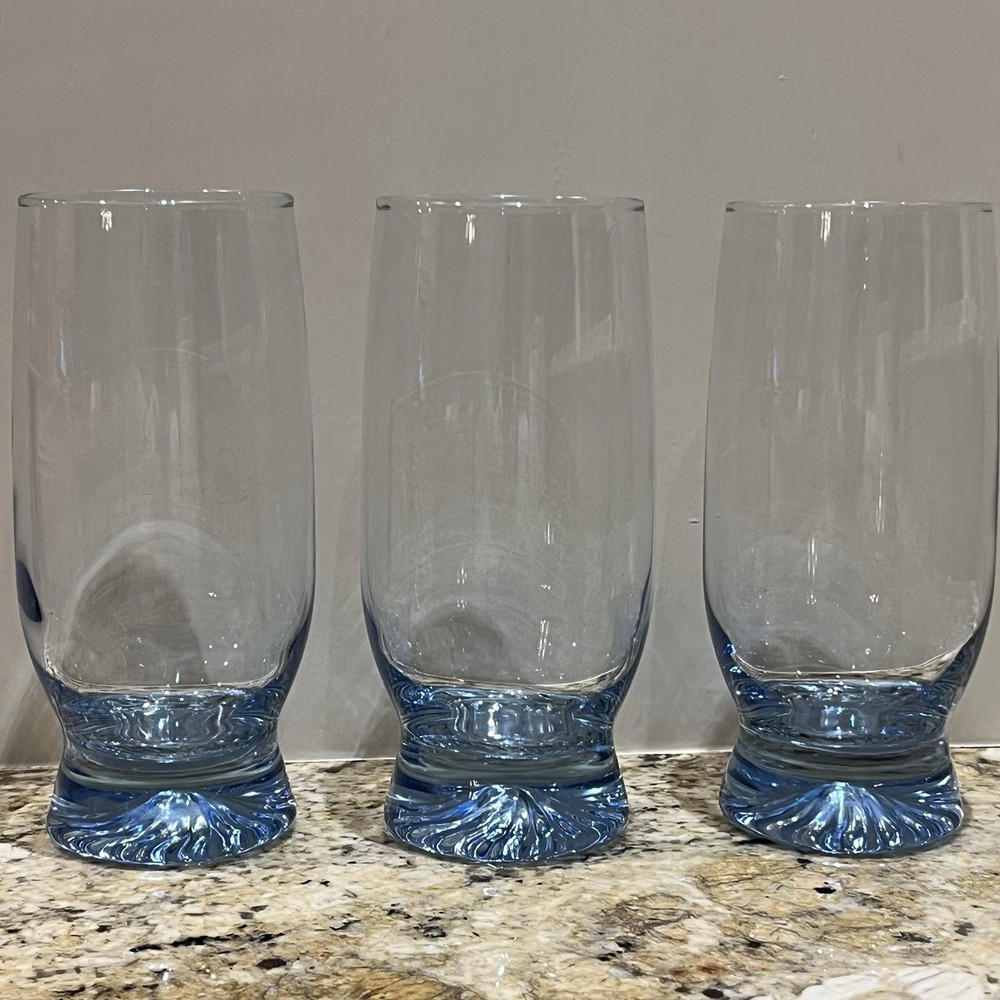 Vintage Libbey Blue Swirl Footed Glasses with Sunburst Base 16oz Set of 3