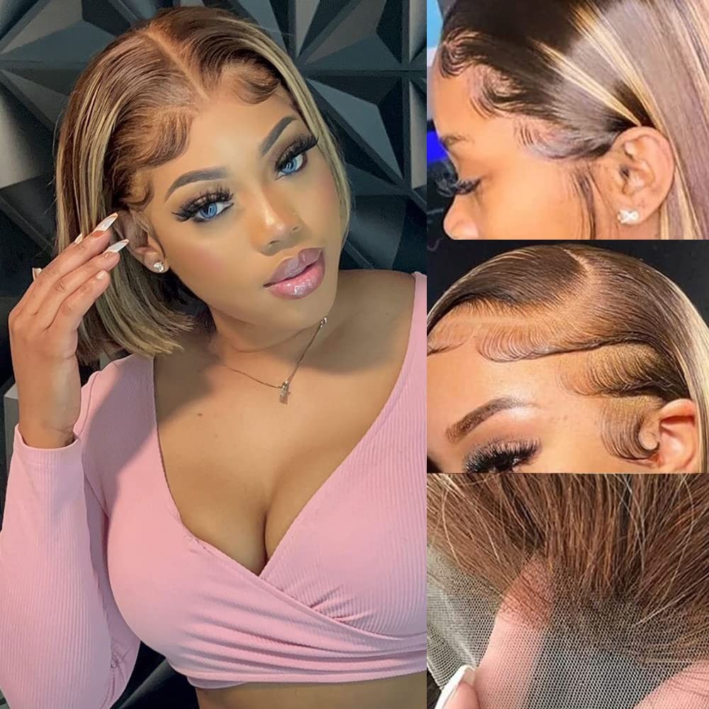 Bob Wig Human Hair 13x4 Lace Front Ombre Honey Blonde Glueless Highlight Wig