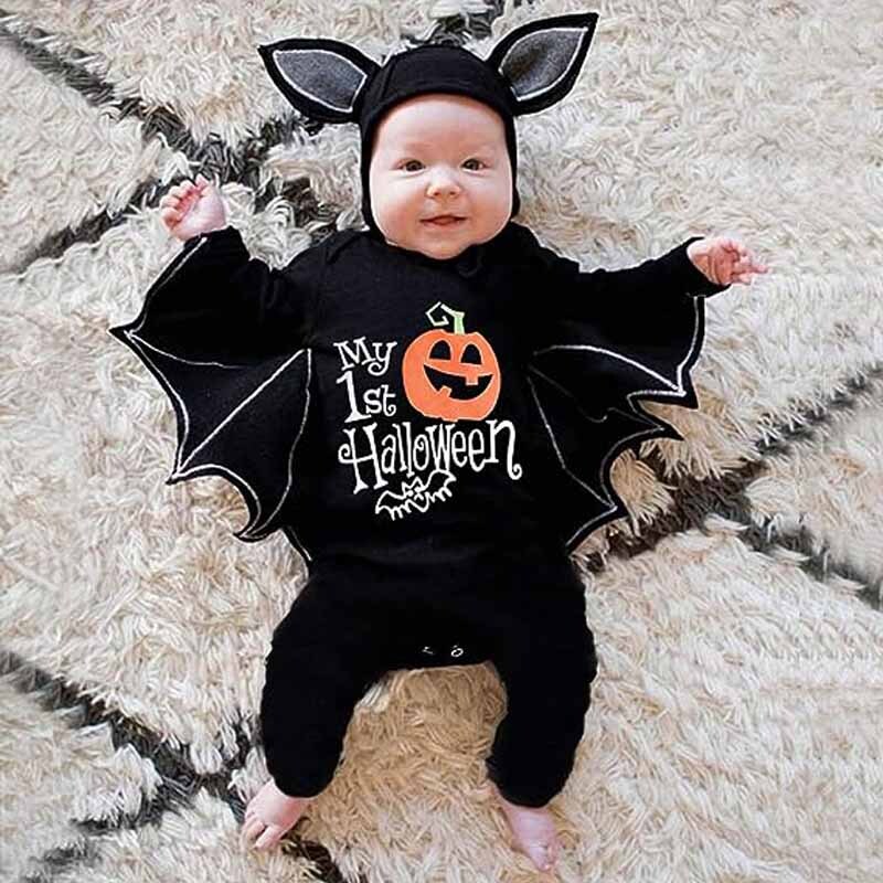 Newborn Baby Boys Girls Halloween Cosplay Bat Costume Romper Hat Outfits Set