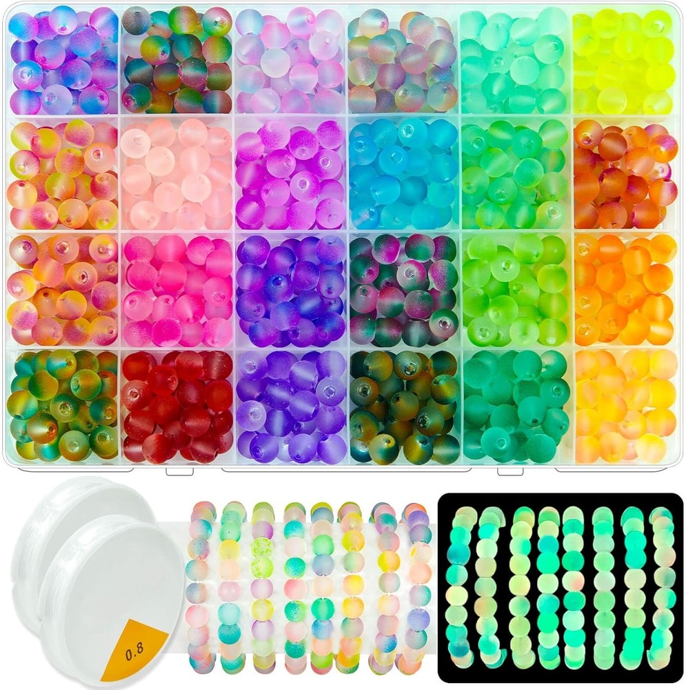 Glow in the Dark 8mm Glass Beads for Jewelry Making 600Pcs 24 Colors