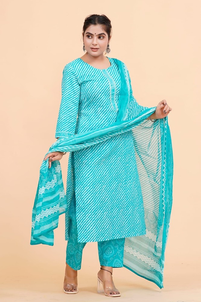Trendy Womens Blue Flower Print Cotton Stitched kurti pant with dupatta