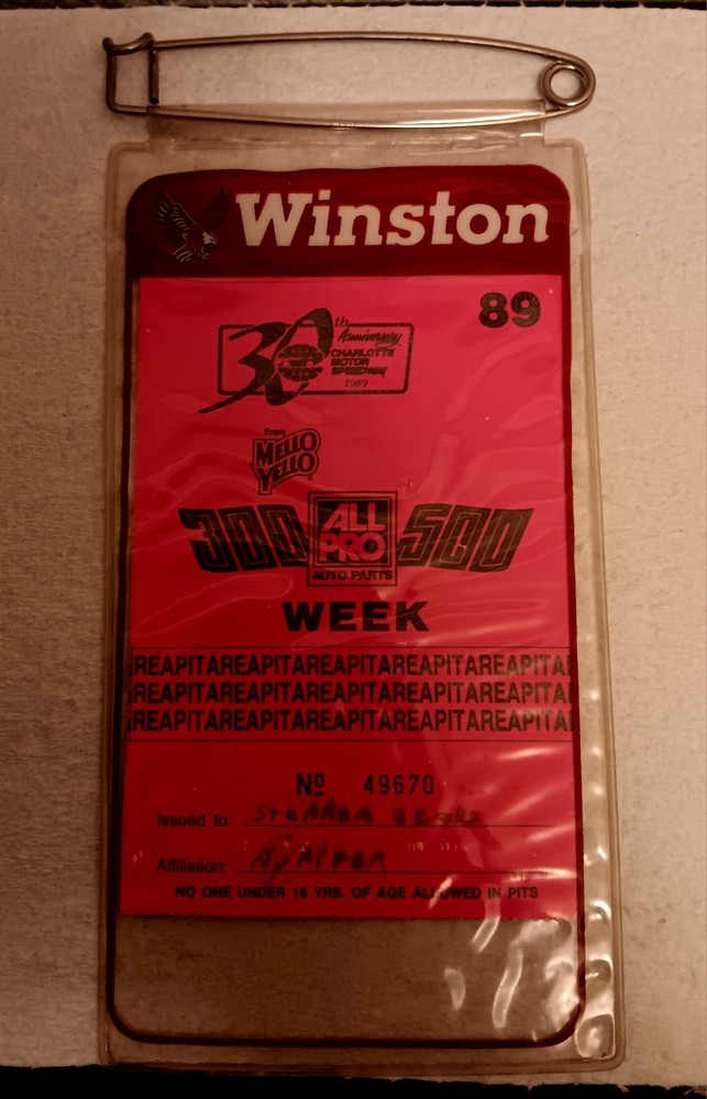 Darrell Waltrip #17 NASCAR Signed Winston Pit Pass Charlotte Speedway 1989 WOW!!