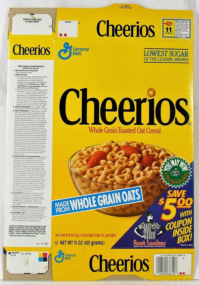 Vtg 1991 Cheerios Cereal Box Empty Big Foot Locker Coupon Advertisement Colorful-image