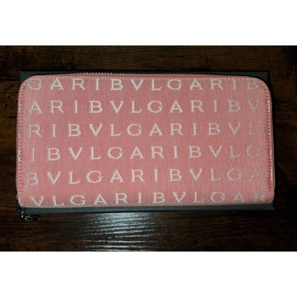 BVLGARI Signature Logo Pink Zip Around Wallet Luxury Designer Monogram Canvas