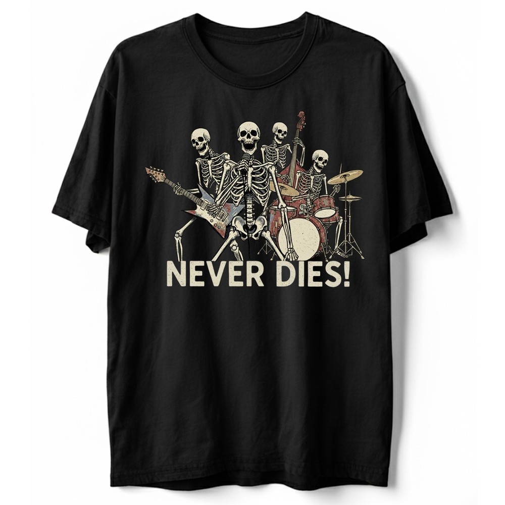 Rock And Roll Never Dies T-Shirt Skeleton Band Funny Skull Music Graphic Tee
