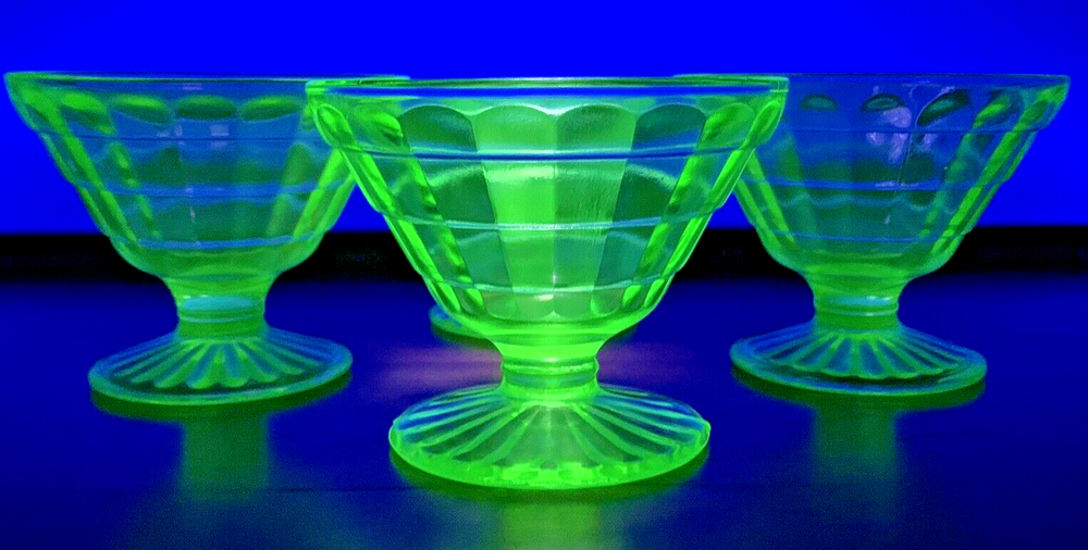 Vintage Uranium Green Glass Sherbet Bowls Set of 4 by Anchor Hocking Block Optic