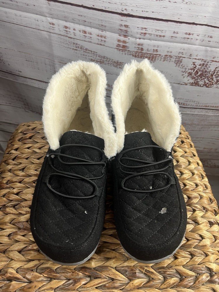 Vionic Believe Slipper Shoes Womens Size 7 Black Quilted Faux Fur Lined Slip On