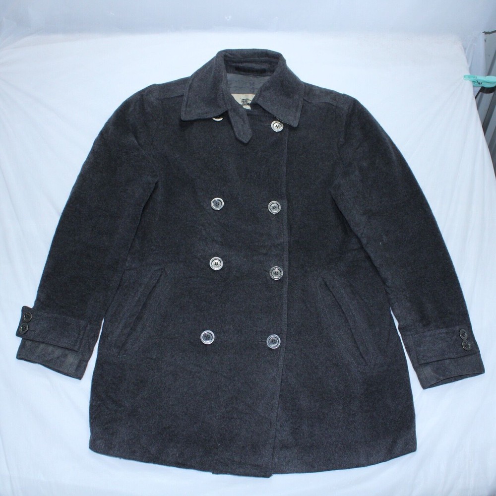 Burberry Virgin Wool Pea Coat Womens Large Cashmere Double Breasted Check Collar