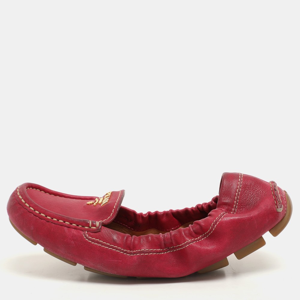 Prada Pink Leather Logo Scrunch Loafers Women's Size 35