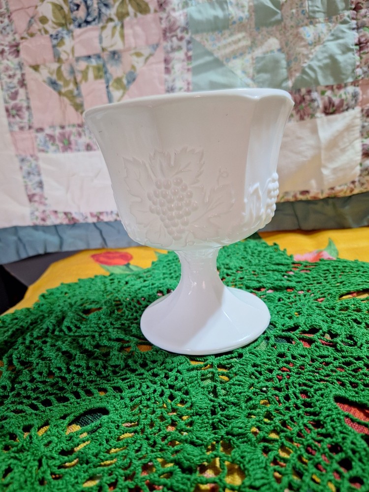 Vintage Milk Glass Pedestal Compote Bowl with Grape Vine Design 6.5 Inch Tall
