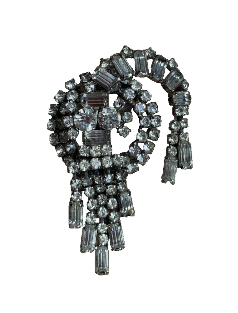 SILVER TONE METAL COSTUME JEWELLERY BROOCH WITH CLEAR CRYSTALS/GLASS - VINTAGE