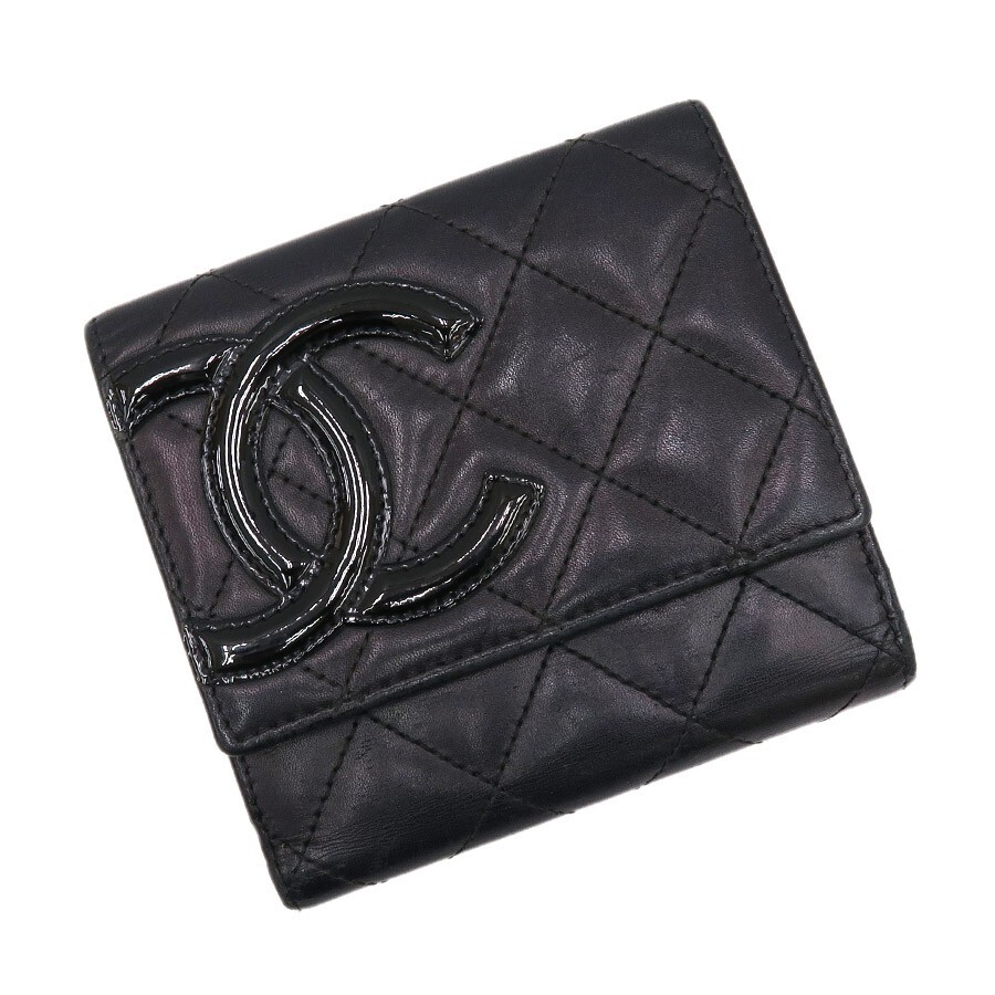 CHANEL Cambon Coco Lambskin Black W-hook Wallet Authentic