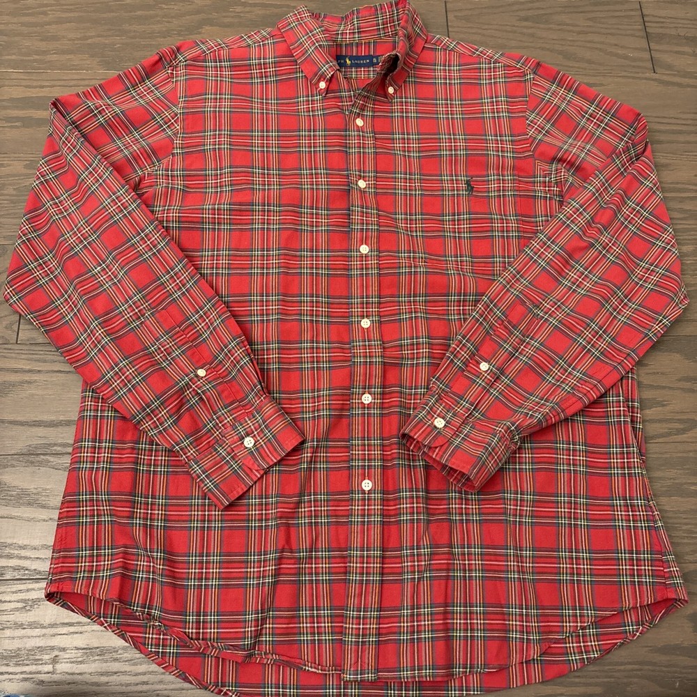 Ralph Lauren Button Down Shirt Pony Red Green Plaid Preppy Pony Logo EUC XL