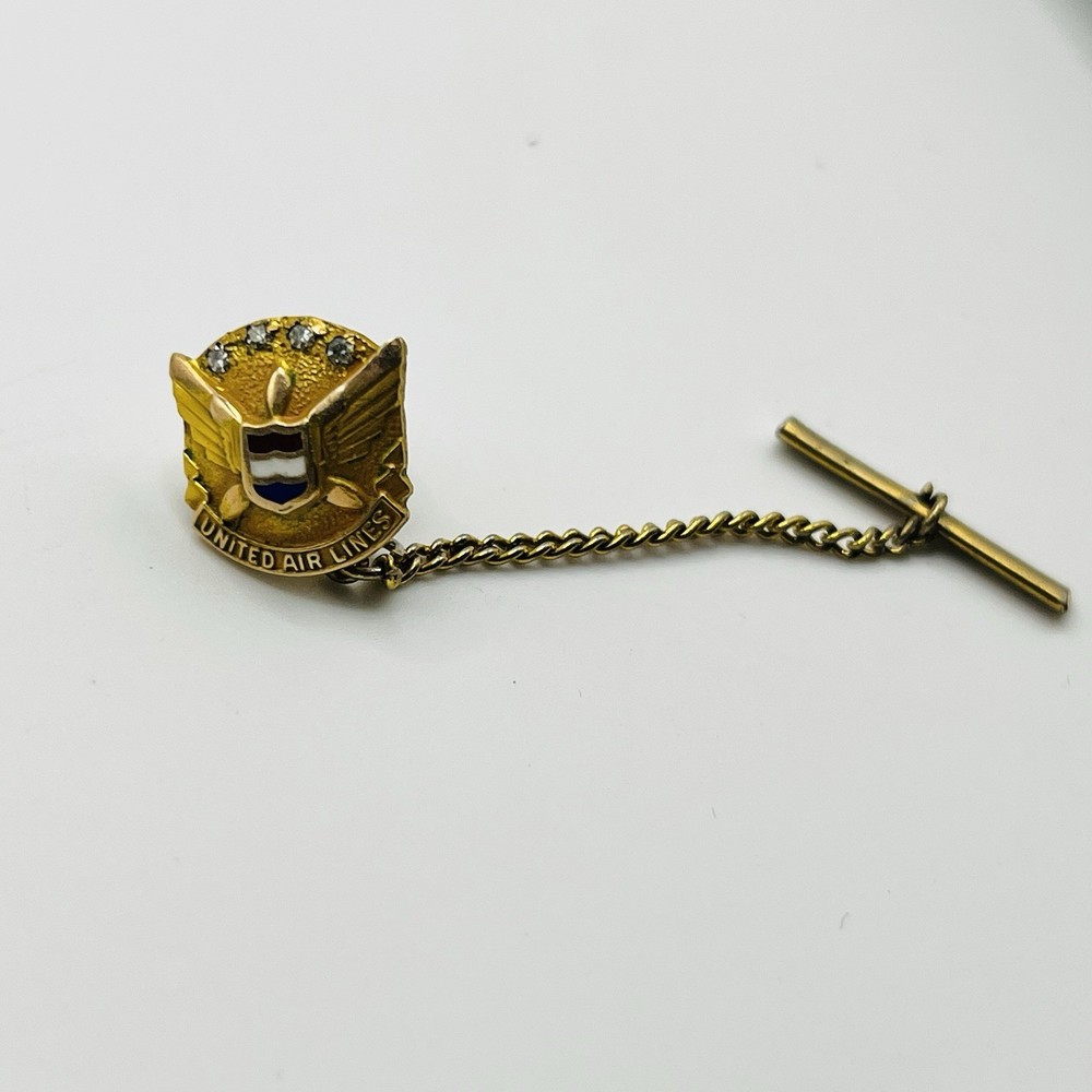 Vintage United Airlines 10KGF 4 Diamonds 25 Year Service Pin Tie Tack