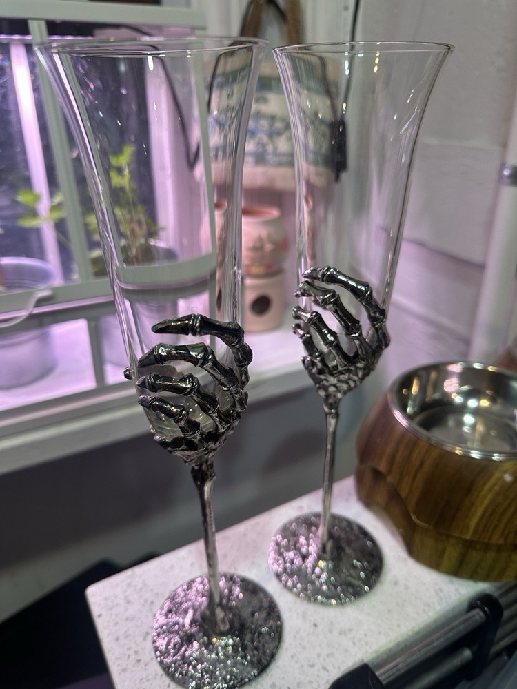 Spooky Pottery Barn Skeleton Hand Champagne Flute Set of 2