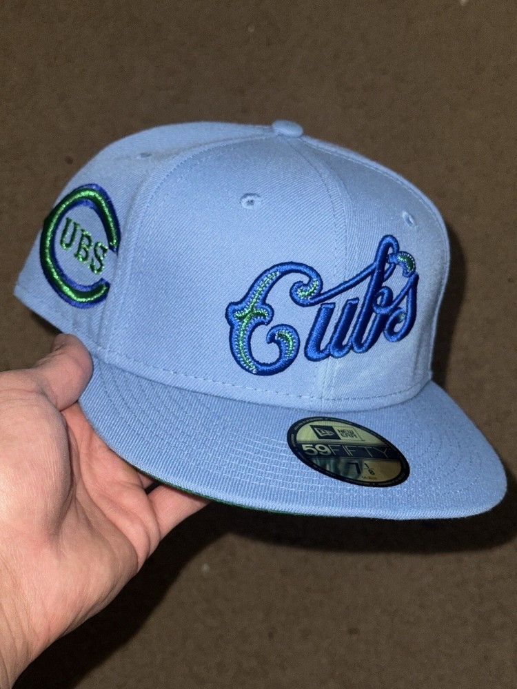 [SKY BLUE] Chicago Cubs Metallic Stitching Fitted Hat Size 7 1/4