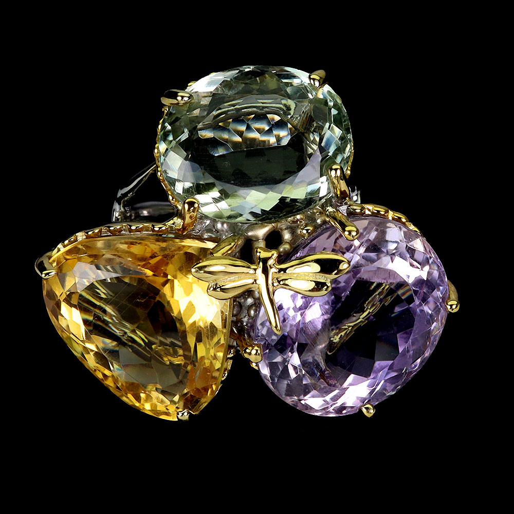 925 Silver Heart Ring with 42ct Citrine and Amethyst Handmade Gemstone Jewelry