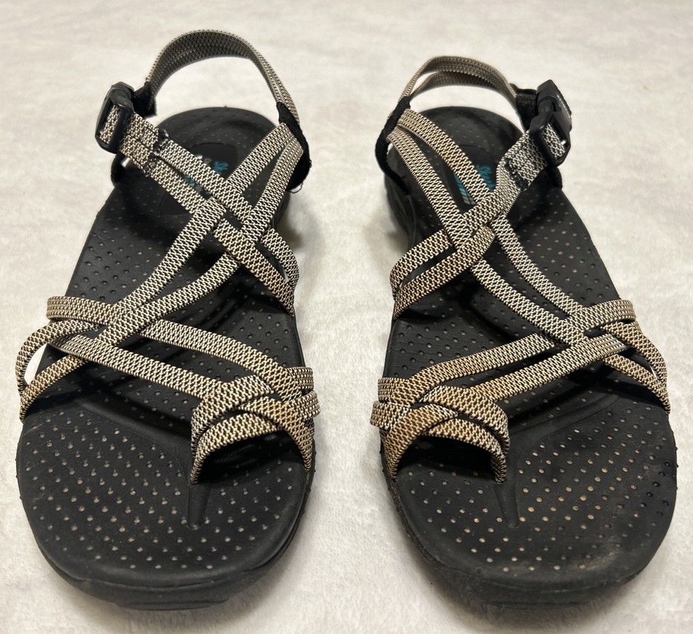 Skechers Women’s Sandals 8.5 M Reggae Irie Mon Black Strappy Toe Loop Slingback