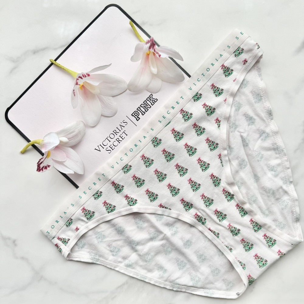 Victoria's Secret Stretch Cotton Bikini Panty Ivory with Festive Trees Print