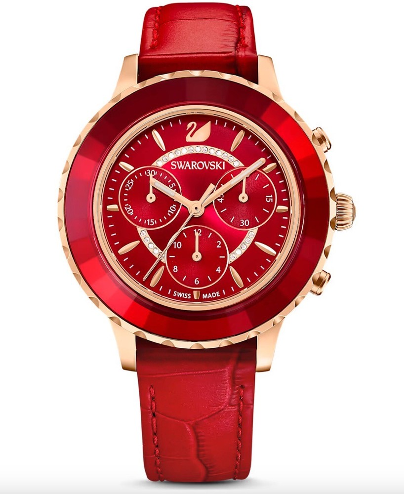 Swarovski Octea Lux Chrono Rose Gold Red Leather Watch New with Gift Box