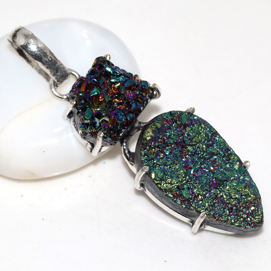 Titanium Druzy 925 Silver Plated Long Gemstone Pendant 2