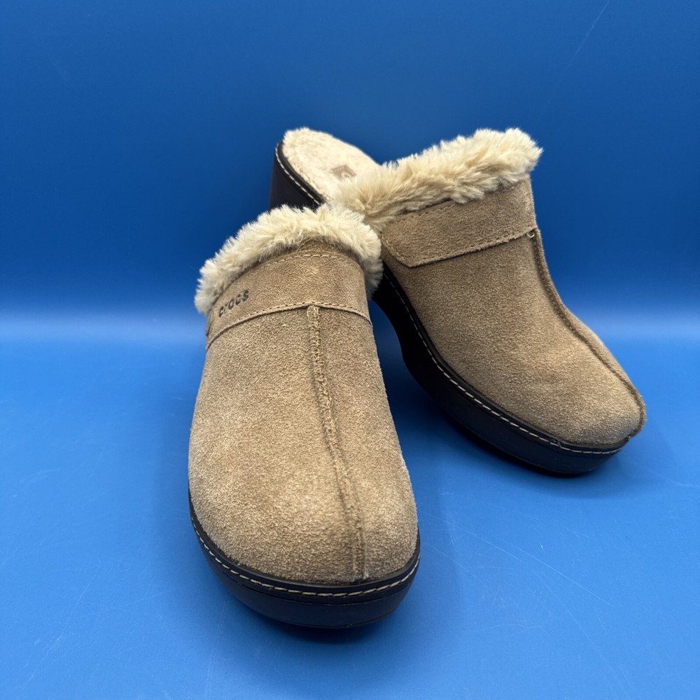 Crocs Women's Brown Suede Faux Fur Lined Mule Clogs Slip On 11602 Women’s Size 7