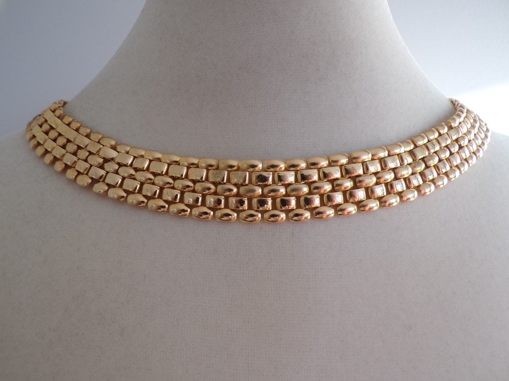 Flat Link Flexible Collar Choker Necklace & Ring Gold Tone - Vintage