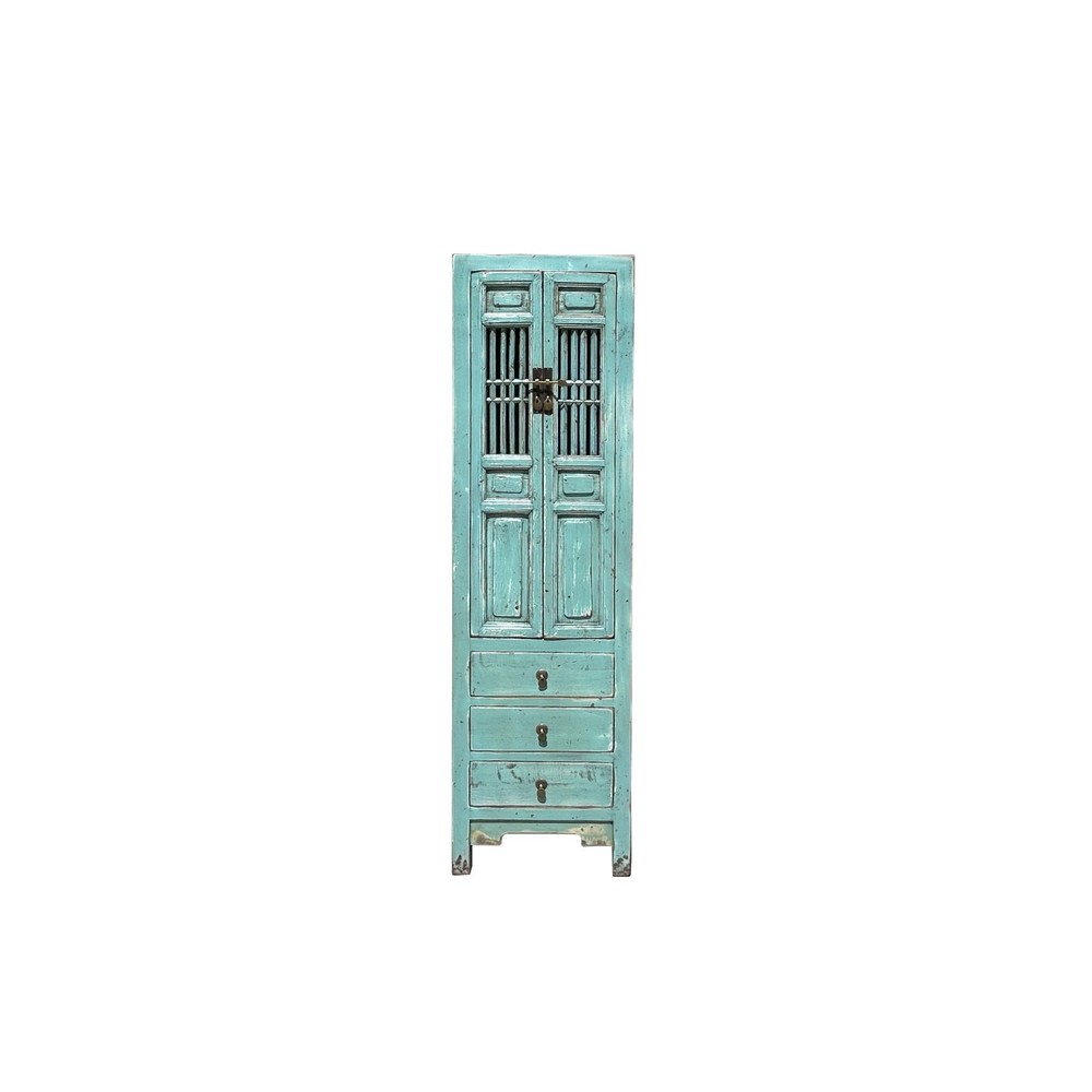 Distressed Turquoise Blue Slim Wood Carving Shutter Doors Storage Cabinet ws4051