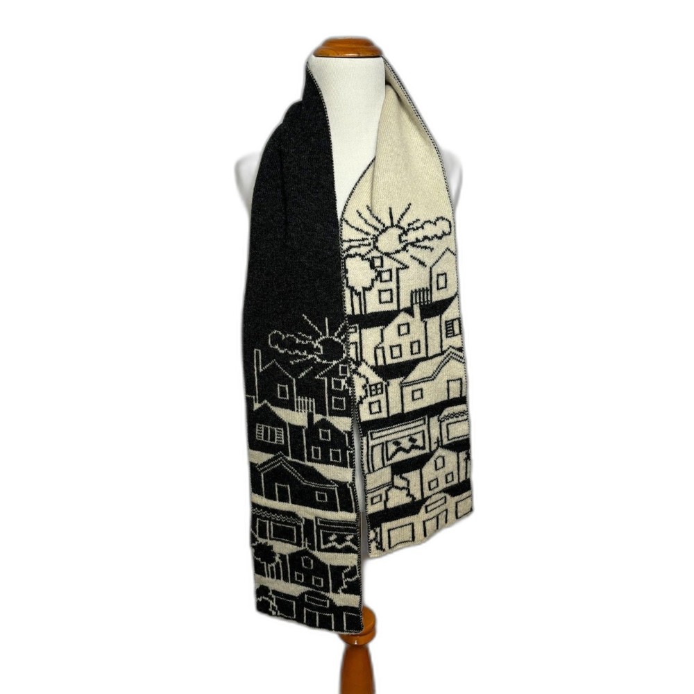 Double Knit Reversible Scarf Unisex Charcoal Gray Cream City Print One Size