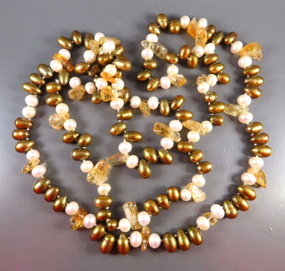 Elegant Pearl Statement Necklace with Bronze, Off-White Pearls & Orange Citrine Beads 45