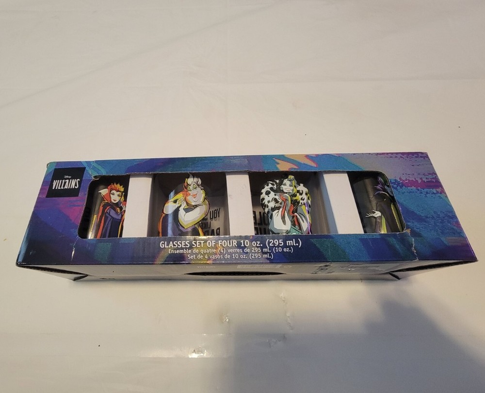 Disney Villains 4-Piece 10oz Glass Set Featuring Ursula Maleficent Cruella Evil Queen