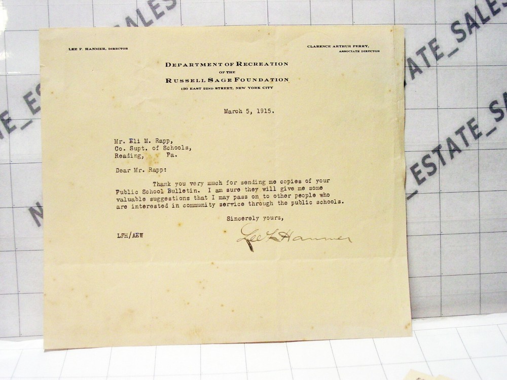 1915 Russell Sage Foundation New York City NYC NY signed letterhead Lee F Hanmer