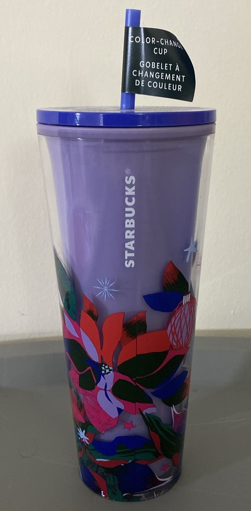Holiday Starbucks Purple Blue Color Change Venti Tumbler Floral Ornaments 24oz
