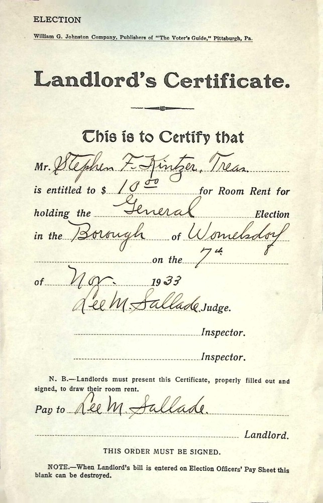 1933 Landlord’s Certificate for General Election - Womelsdorf Borough, PA