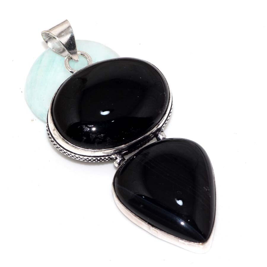 Black Onyx 925 Silver Plated Gemstone Handmade Long Pendant 2.5