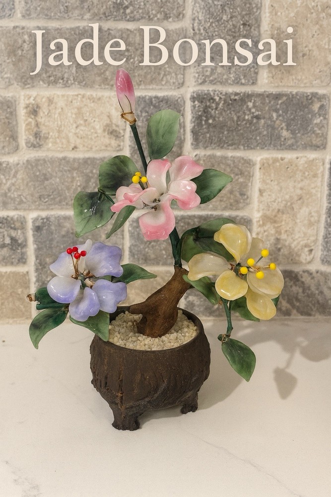 Vintage Chinese Gemstone Bonsai Tree – Multicolor Flowers in Ornate Carved Pot