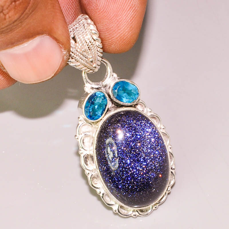 Shiny Blue Sunstone Blue Topaz Quartz 925 STERLING SILVER PLATED PENDANT
