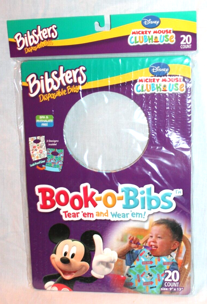 NEW IN PACKAGE DISNEY  BIBSTERS MICKEY MOUSE CLUBHOUSE 20 COUNT DISPOSABLE BIBS